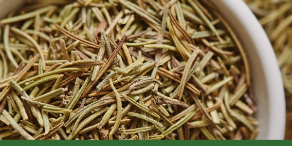Dried organic rosemary leaves in a white bowl.